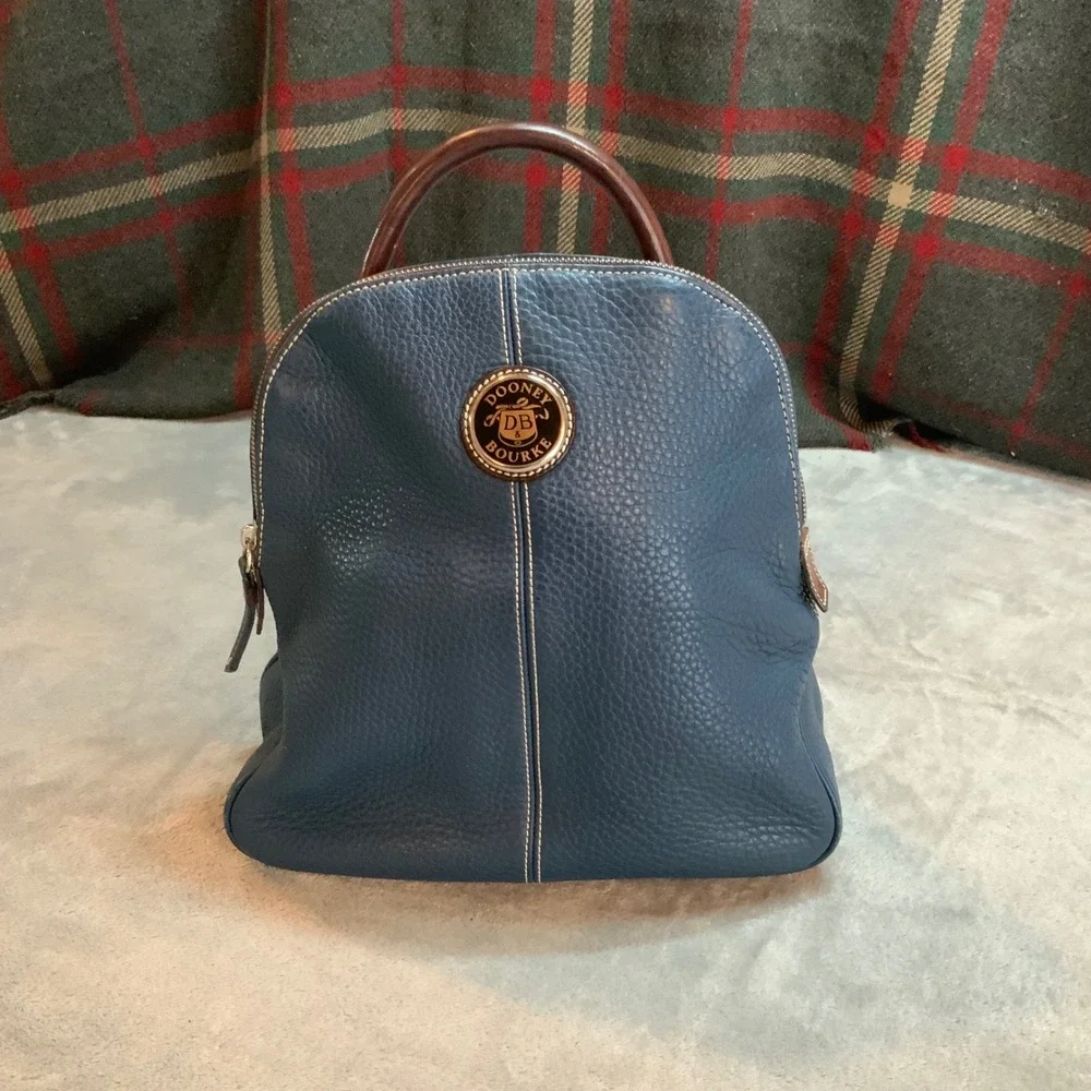 Dooney & Bourke Pebbled Leather Backpack Slate Blue Brown Trim Dome Bag